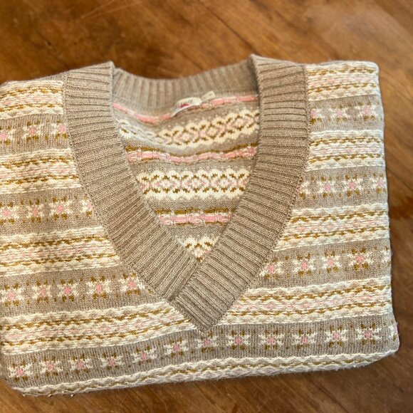 Faherty Fair Isle V-Neck Tan Wool Blend Ladies Large Sweater - Picture 1 of 8